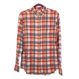 Old Navy Classic Slim Fit Tartan Plaid Button Down Shirt Red Yellow Blue Knit S